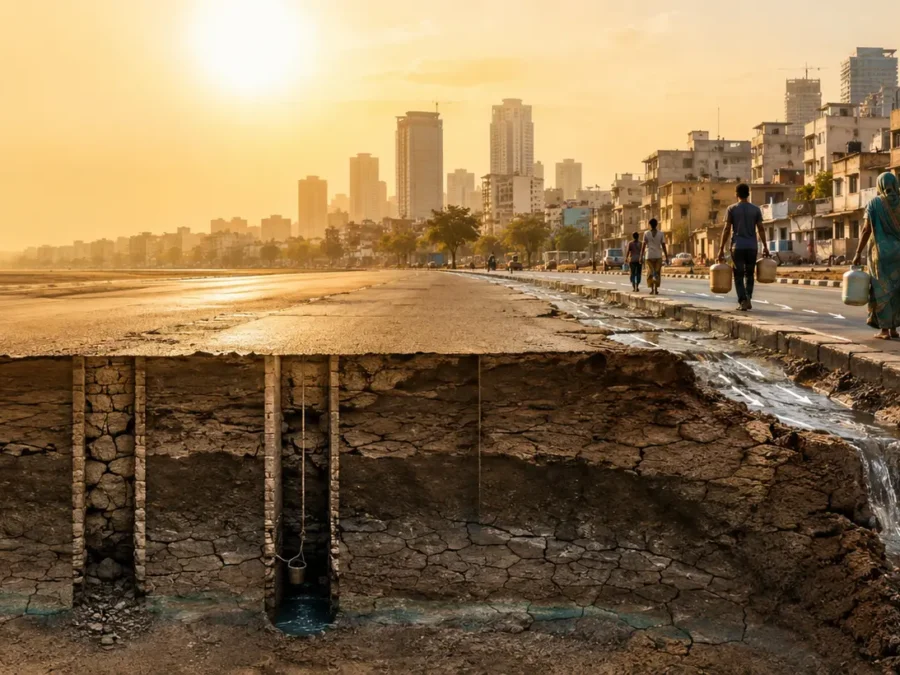 Heatwave in an Indian city showing depleted groundwater beneath the surface, illustrating that poor rainwater management and groundwater depletion—not heat alone—cause long-term water shortages.