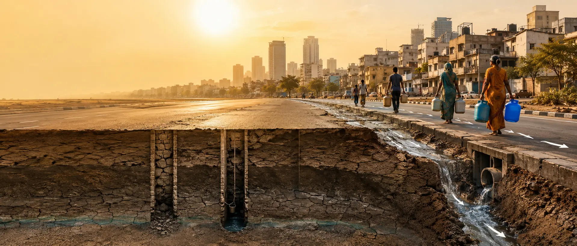 Heatwave in an Indian city showing depleted groundwater beneath the surface, illustrating that poor rainwater management and groundwater depletion—not heat alone—cause long-term water shortages.