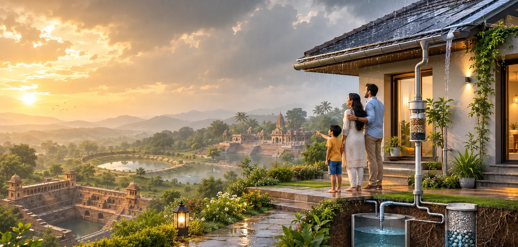 Modern Indian home harvesting rainwater during monsoon with traditional Indian stepwell and johad in the background, symbolizing India's rainwater harvesting heritage and sustainable water conservation.