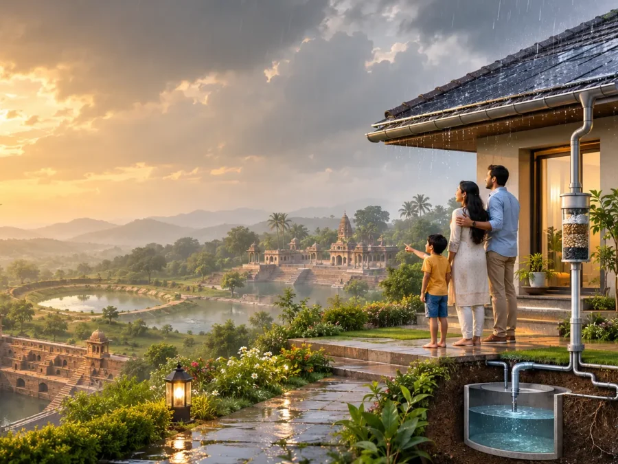 Modern Indian home harvesting rainwater during monsoon with traditional Indian stepwell and johad in the background, symbolizing India's rainwater harvesting heritage and sustainable water conservation.
