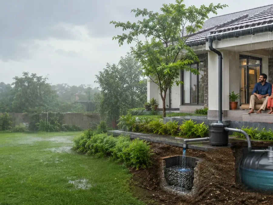 Modern Indian home demonstrating a simple rainwater harvesting system with rooftop collection, filtration, storage tank and groundwater recharge during monsoon rainfall.