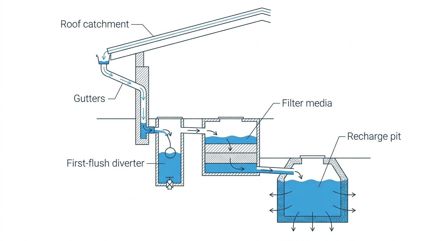 Diagram: Rainwater harvesting system showing water path from roof to recharge pit
