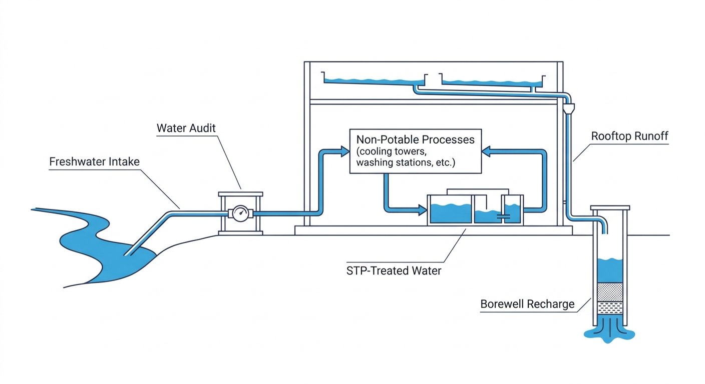 Diagram: 4R water management flow in a manufacturing plant