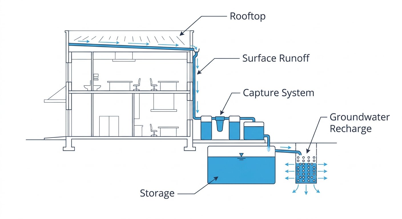 Diagram: Rainwater harvesting system for a commercial building