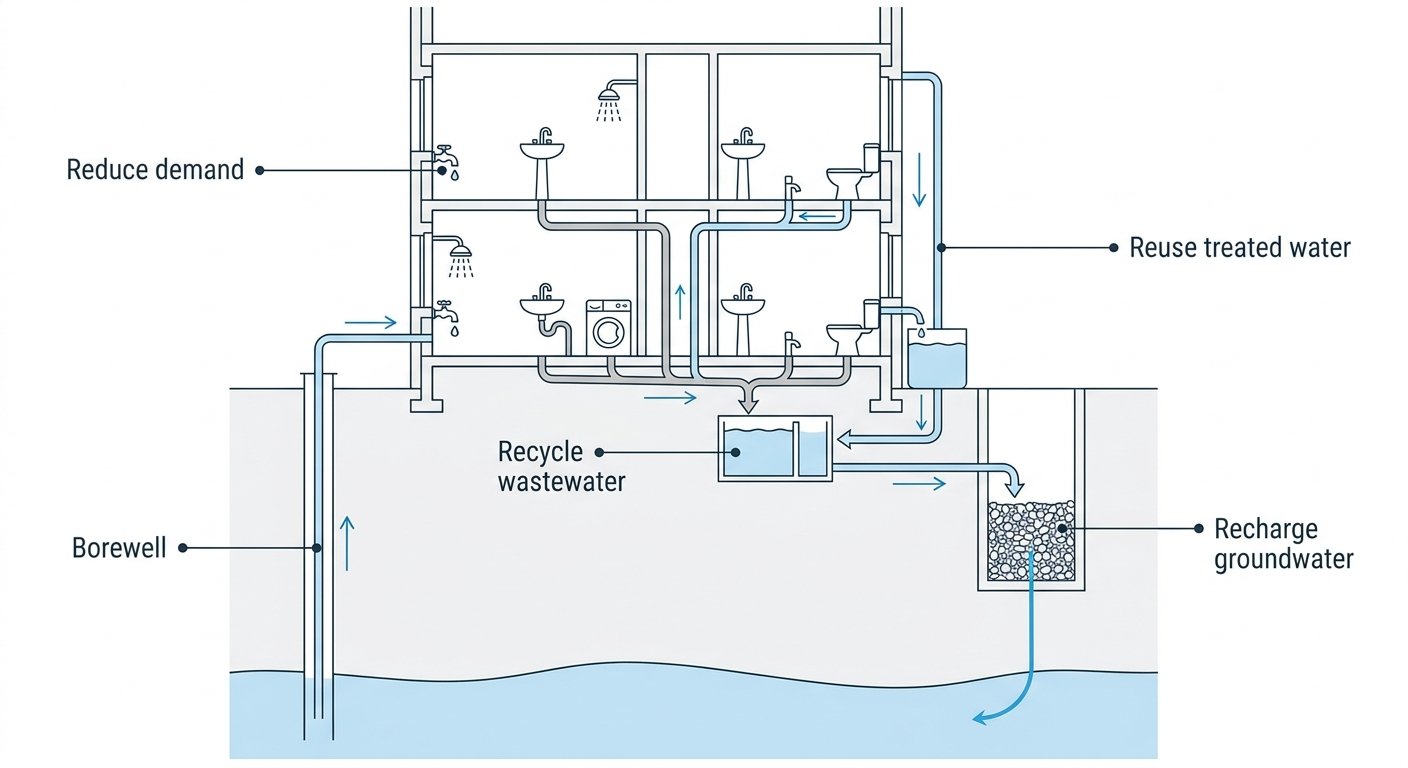 Diagram: 4R water balance loop for a building