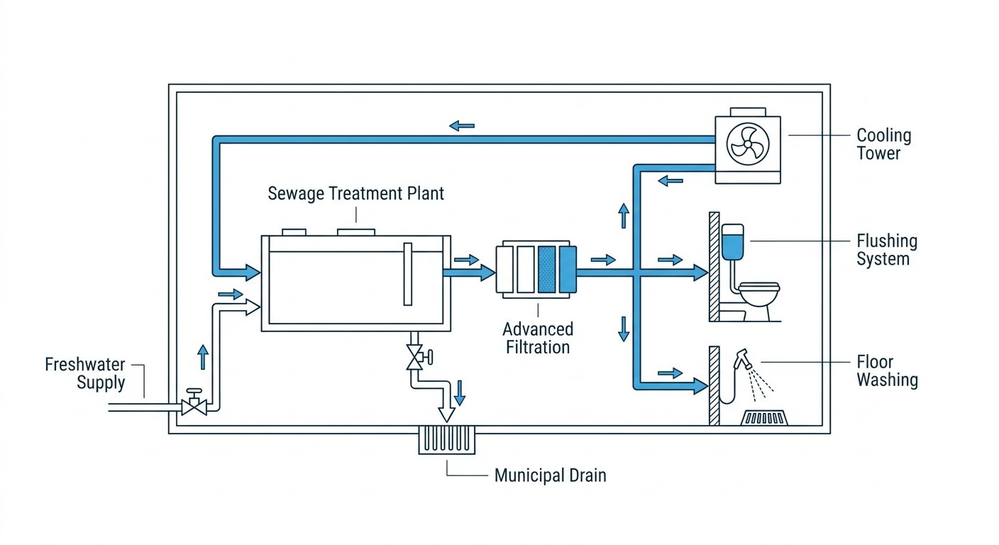 Diagram: Closed-loop industrial STP water reuse flow in a factory