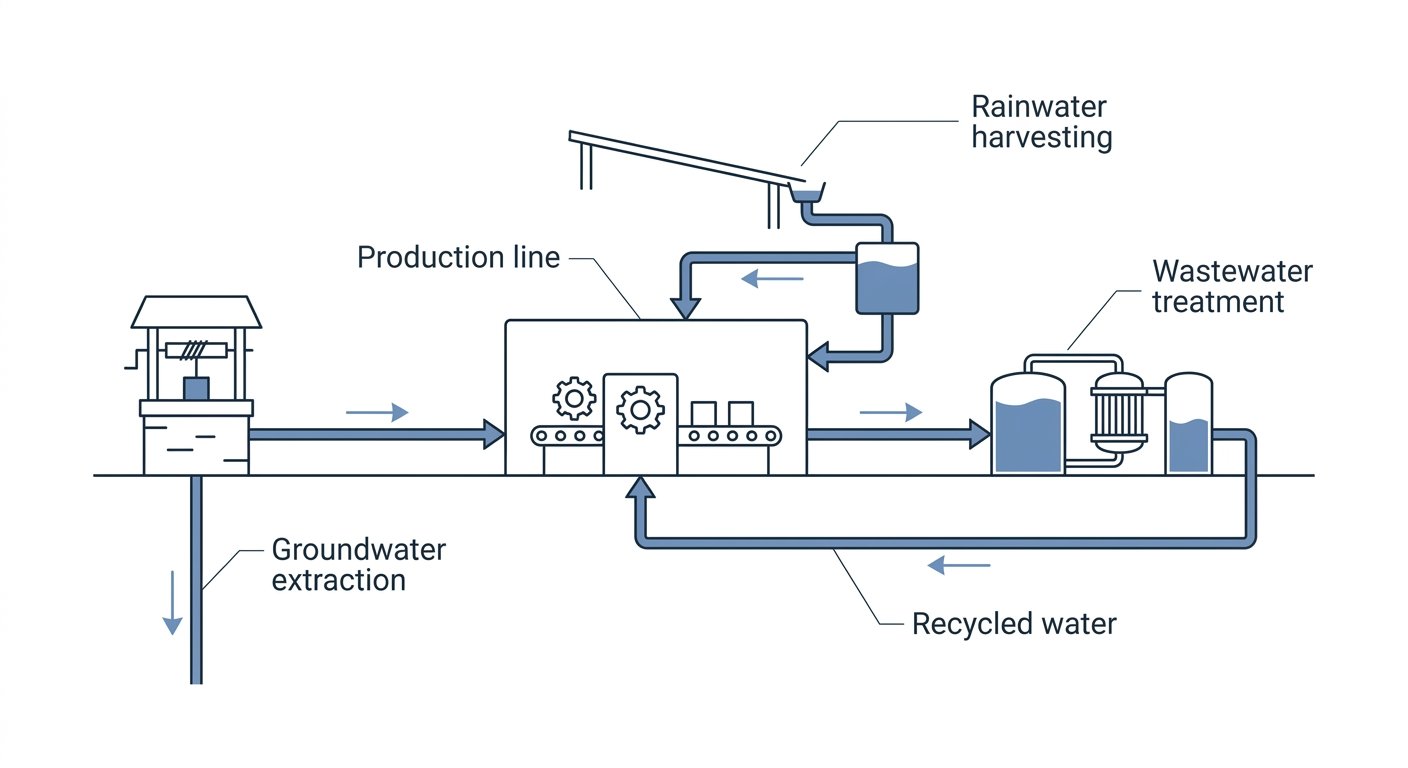 Diagram: Industrial water extraction, recycling, and rainwater harvesting loop