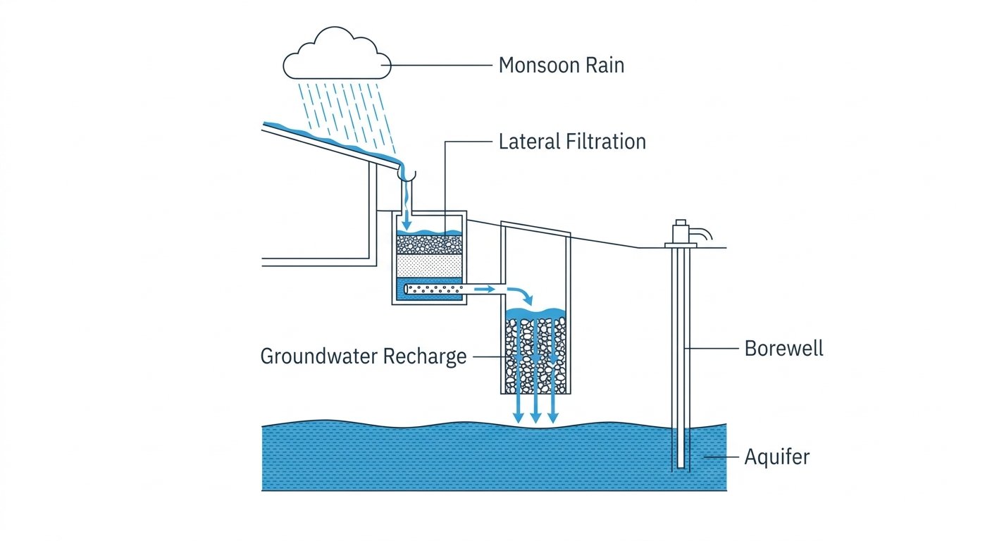 Diagram: Rainwater harvesting and natural filtration groundwater recharge system