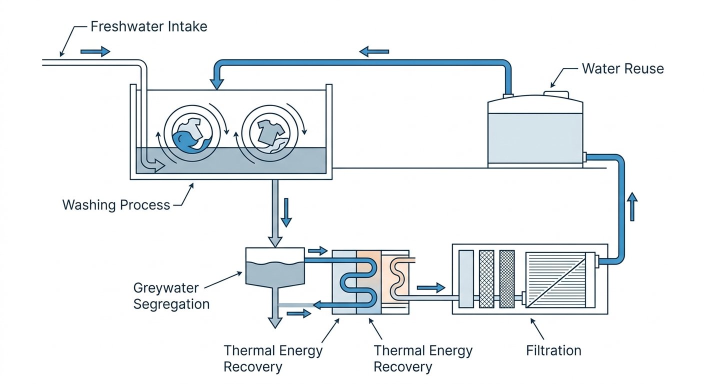 Diagram: Closed-loop water reuse system in a commercial laundry
