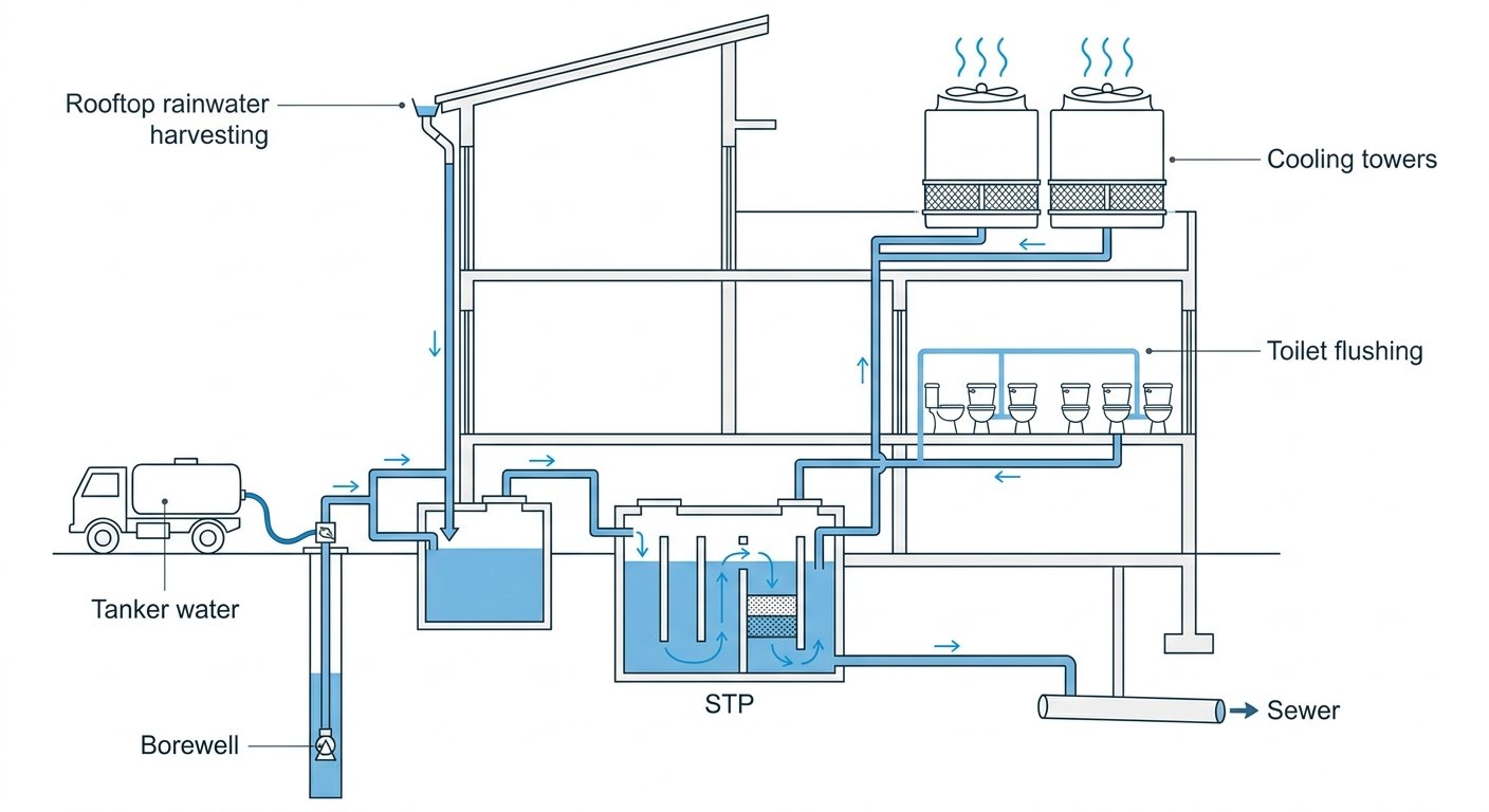 Diagram: Closed-loop water reuse system for a Gurgaon office building
