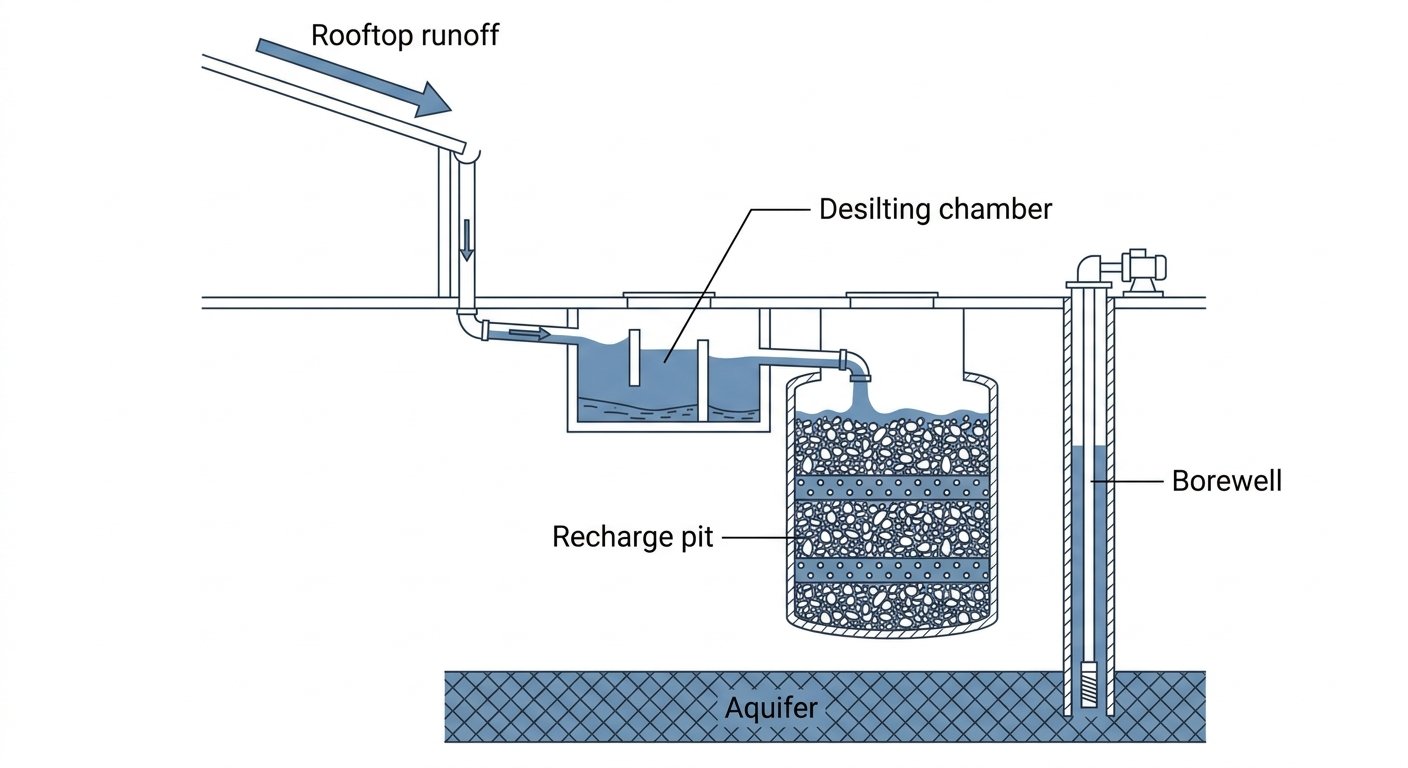 Diagram: Cross-section of a factory rainwater harvesting and recharge system