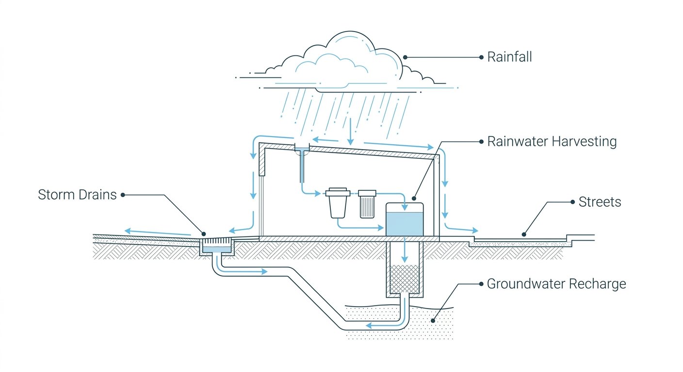 Diagram: Rainwater harvesting flow from rainfall to groundwater recharge instead of streets