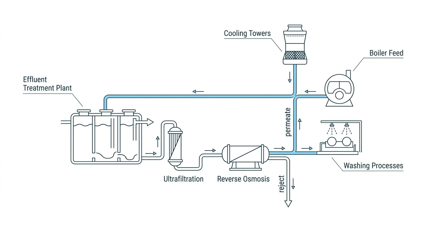 Diagram: Industrial water reuse system treatment and routing flow