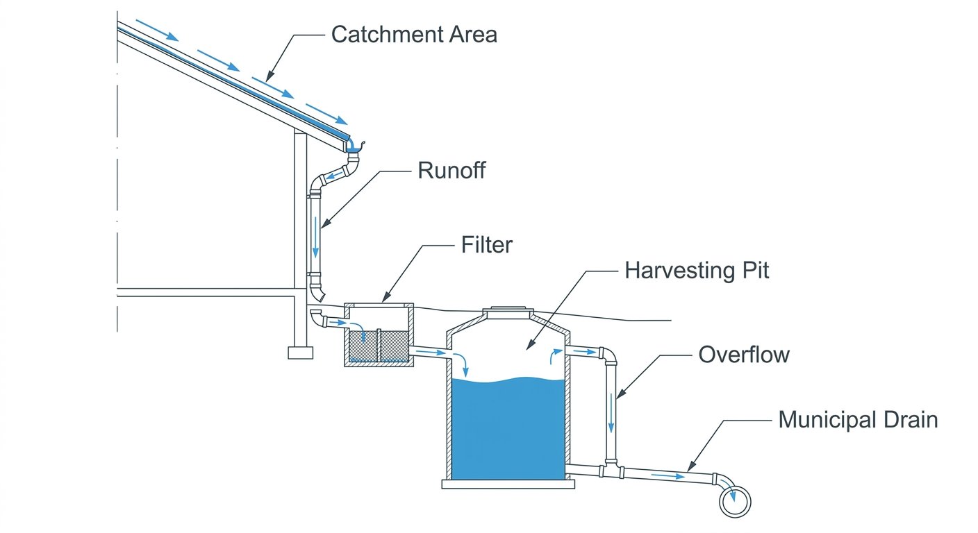 Diagram: Rainwater flow through a building harvesting system