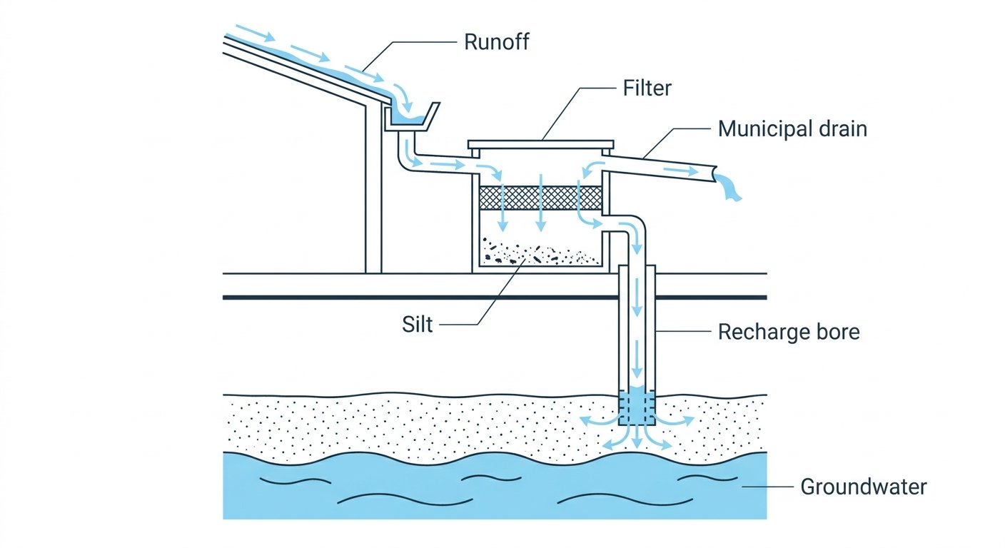 Diagram: Water flow through a functional rainwater harvesting recharge system