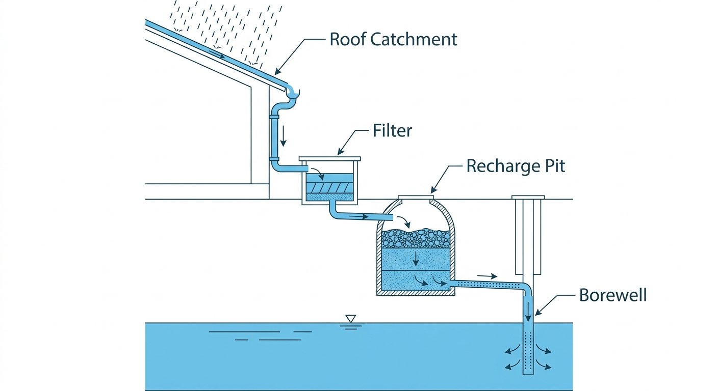 Diagram: Rainwater harvesting system flow from roof to aquifer