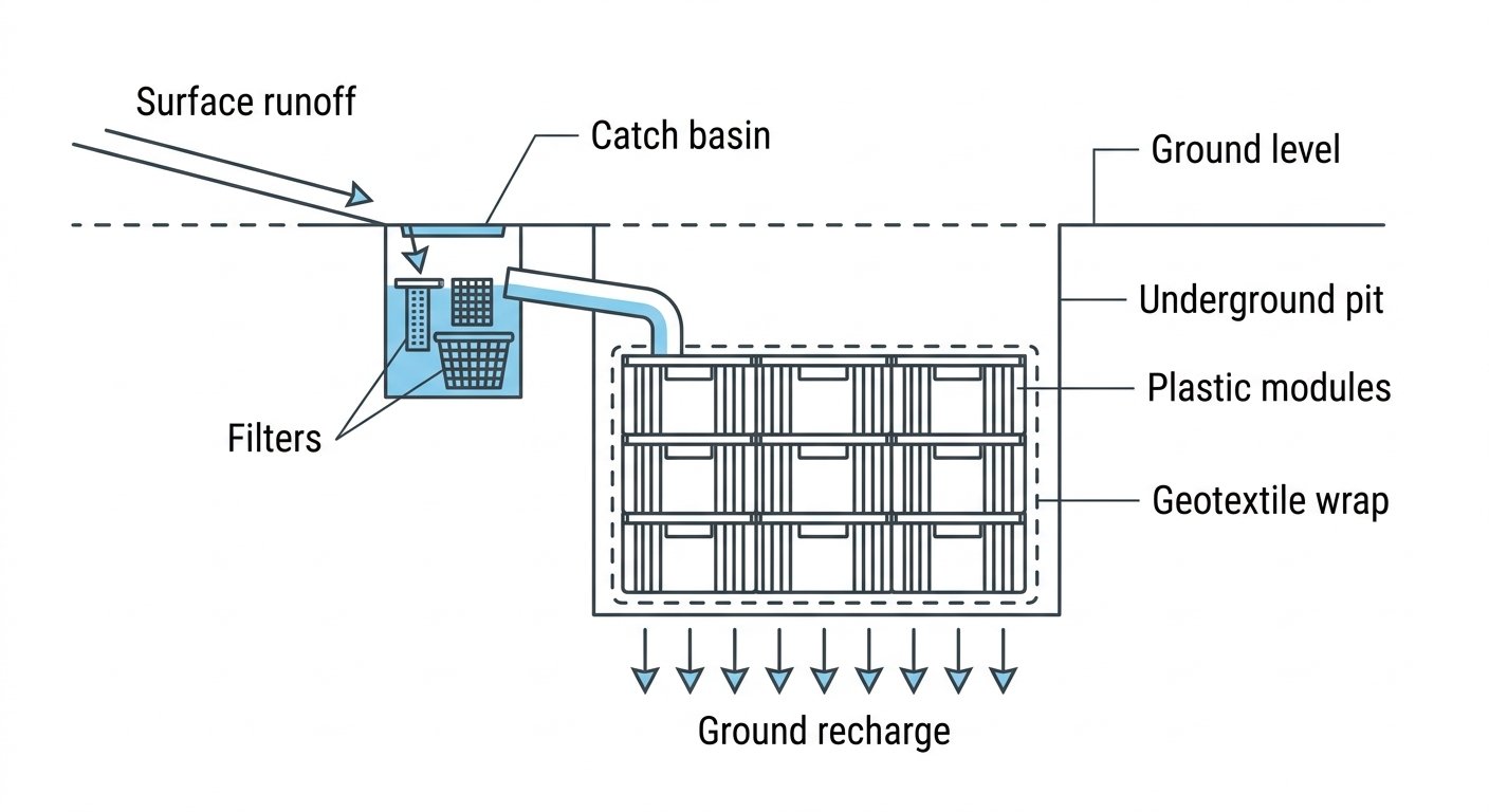 Diagram: Cross-section of an underground modular rainwater harvesting system