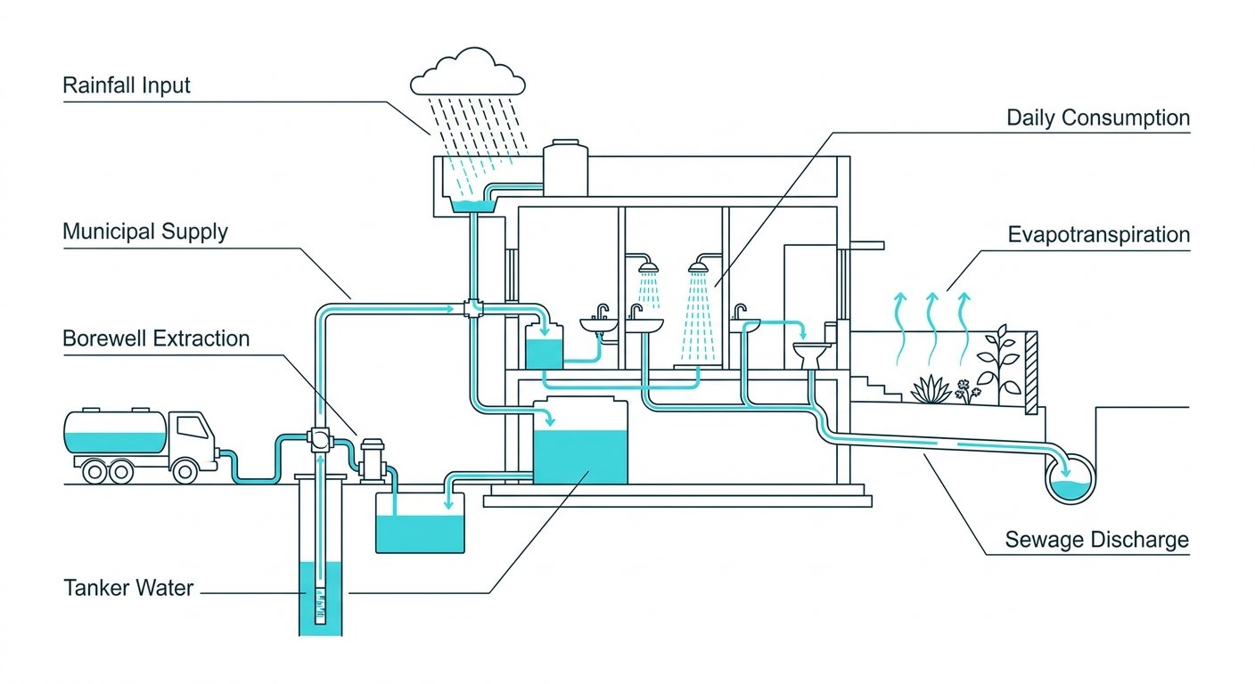 Diagram: Building water budget input-versus-output flow diagram