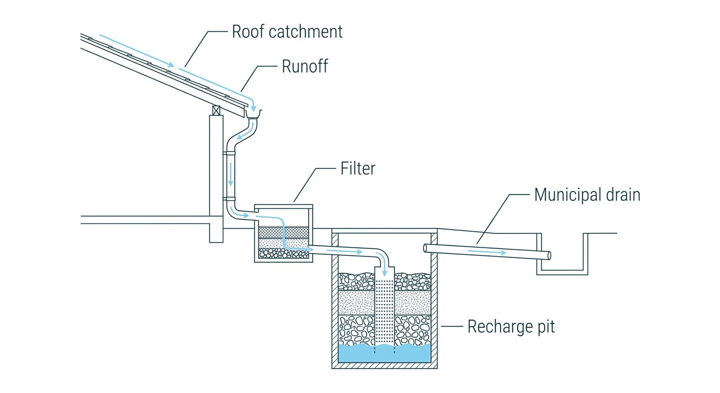 Diagram: Rainwater harvesting system water flow from roof to recharge pit