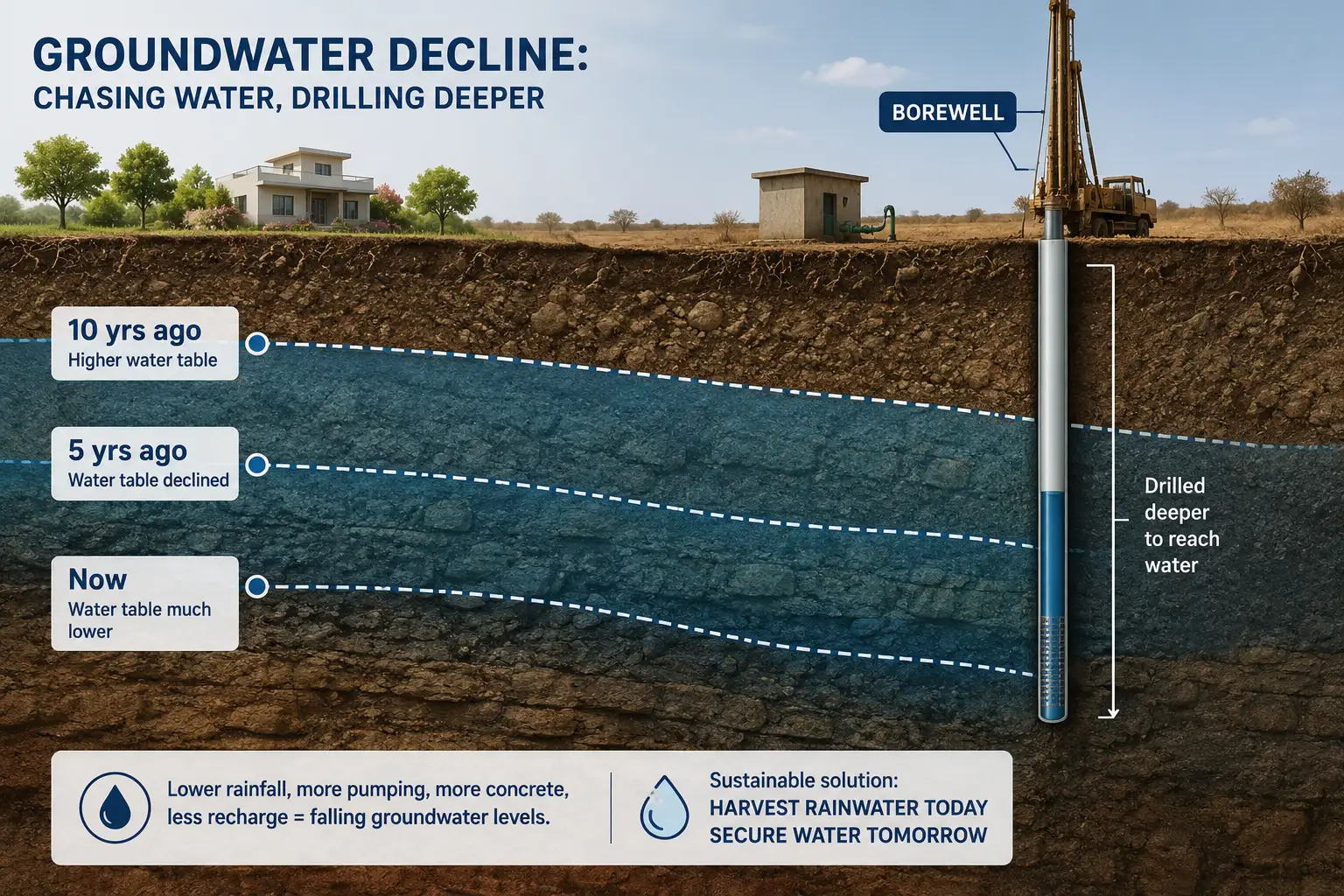 Cross-section showing a groundwater table falling over ten years while a borewell casing is drilled deeper