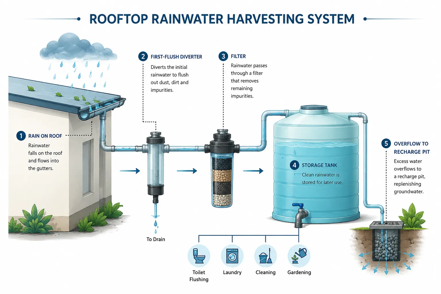 Diagram of a rooftop rainwater harvesting system from gutters and first-flush diverter to storage tank and recharge pit
