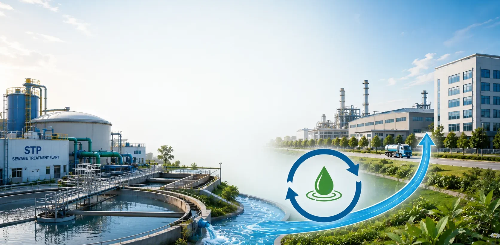 EcoLive STP treated water reuse system on an industrial facility rooftop with storage tanks