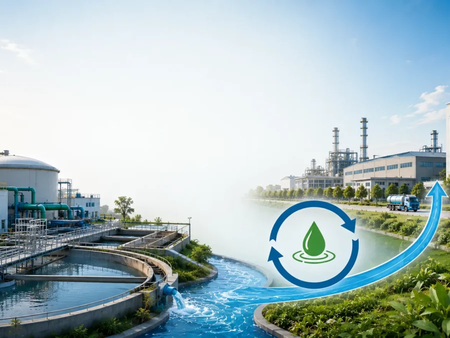 EcoLive STP treated water reuse system on an industrial facility rooftop with storage tanks